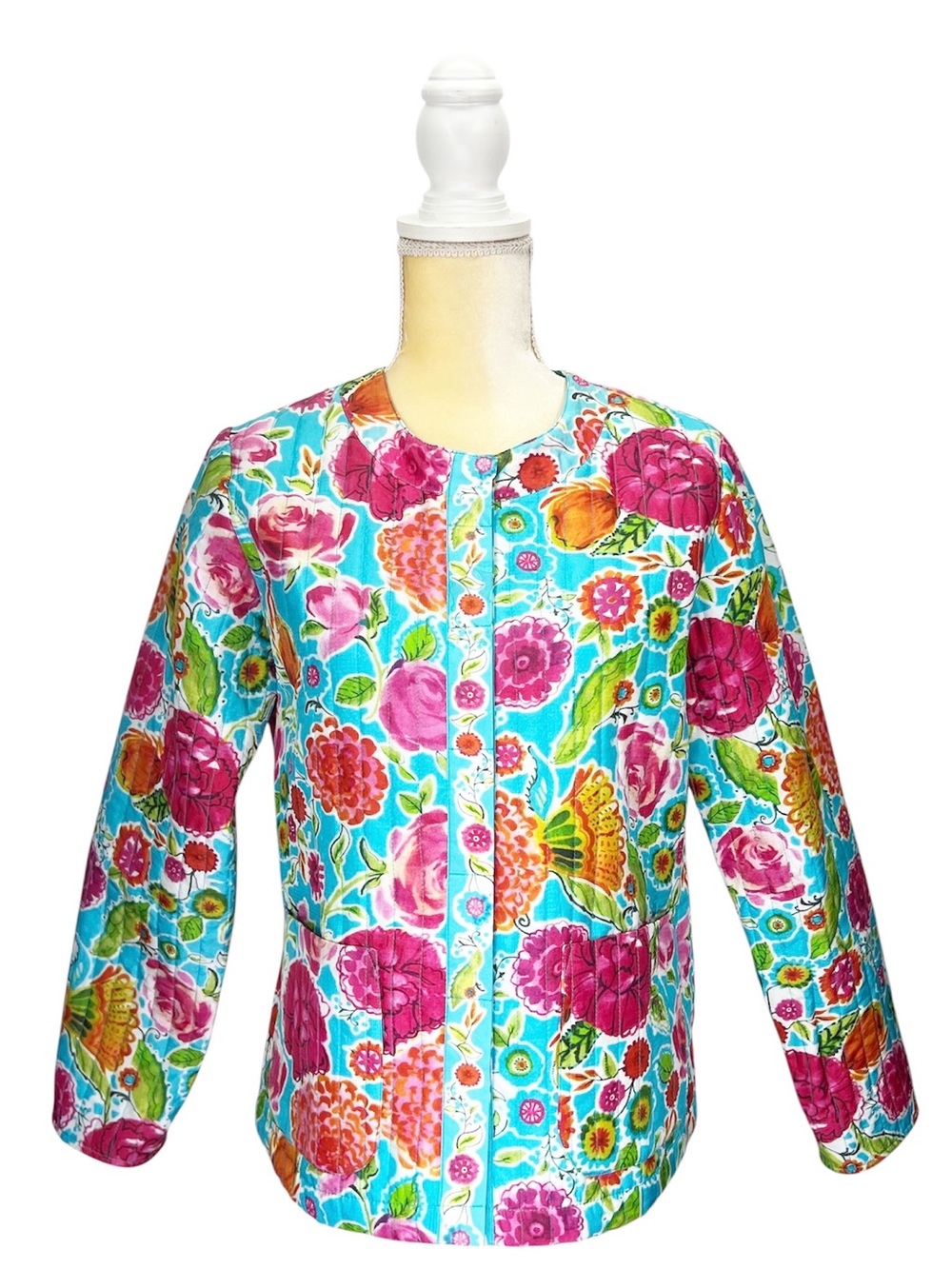Norm Thompson Quilted Silk Jacket Size Petite XS Button Up Floral EUC Like New